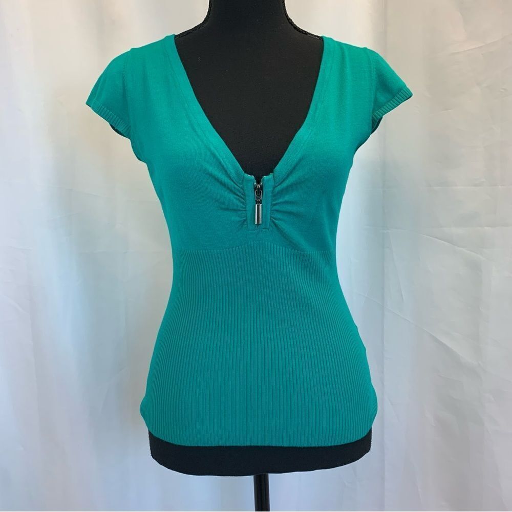 TEAL green short sleeve V-neck zip front knit sweater Sz S